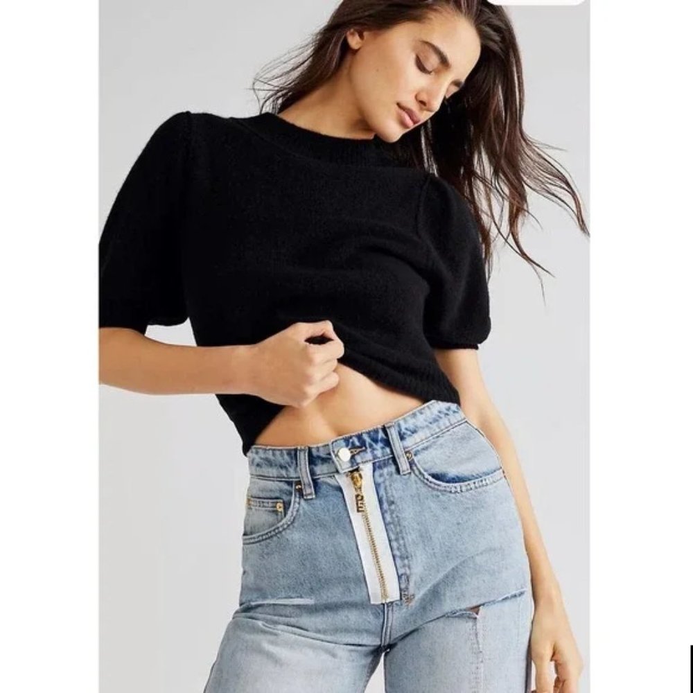 FREE PEOPLE cashmere staycation puff sleeve sweater XS black